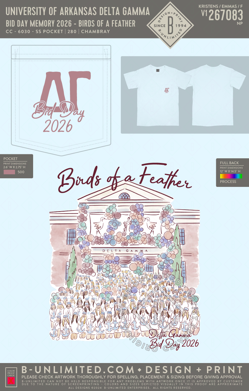 University of Arkansas Delta Gamma - Bid Day Memory 2026 - Birds of a Feather - CC - 6030 - SS Pocket - Chambray