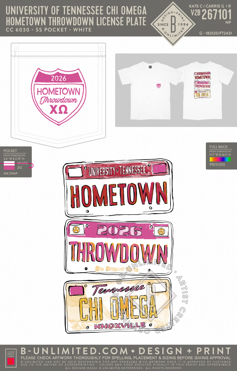 University of Tennessee Chi Omega - Hometown Throwdown License Plate - CC - 6030 - SS Pocket - White