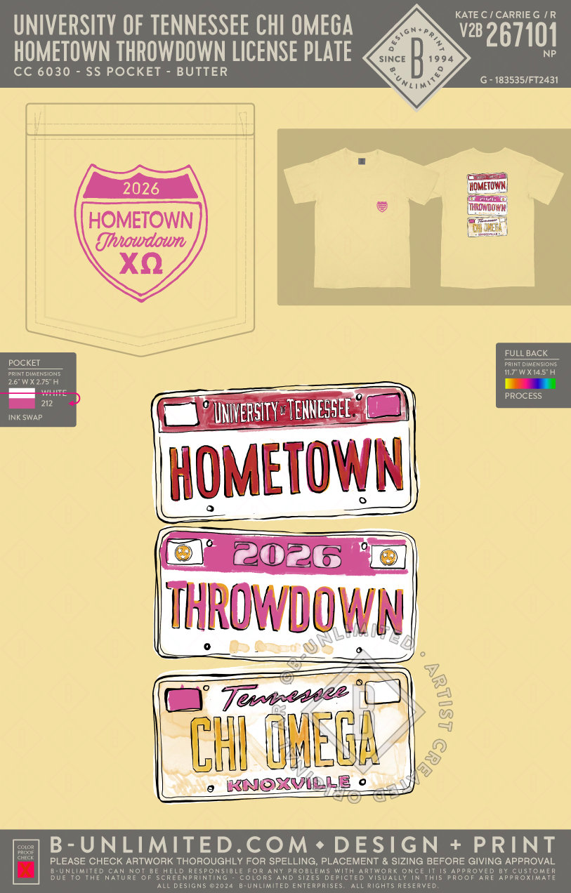 University of Tennessee Chi Omega - Hometown Throwdown License Plate - CC - 6030 - SS Pocket - Butter