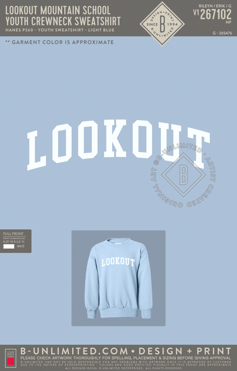 Lookout Mountain School - Youth Crewneck Sweatshirt - Hanes - P360 - Youth Sweatshirt - Light Blue