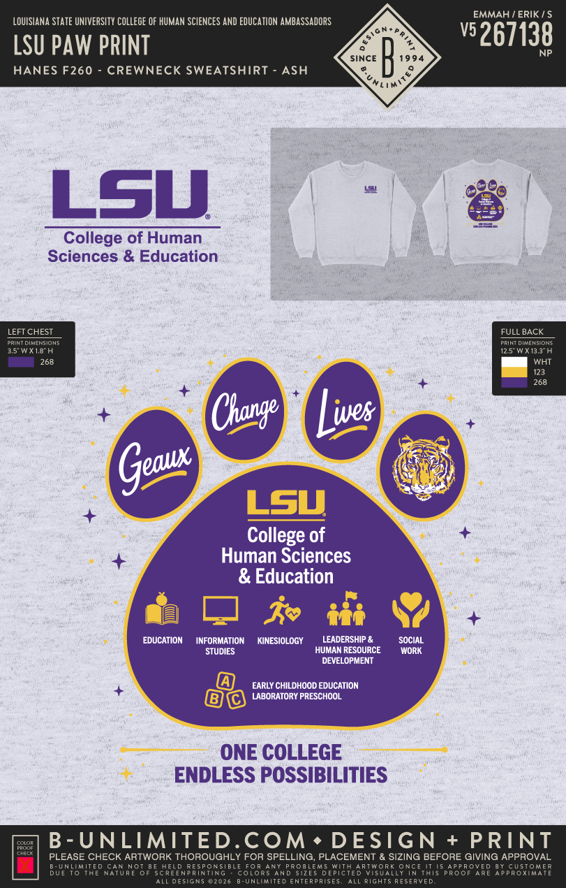 Louisiana State University College of Human Sciences and Education Ambassadors - LSU Paw Print - Hanes - F260 - Sweatshirt - Ash