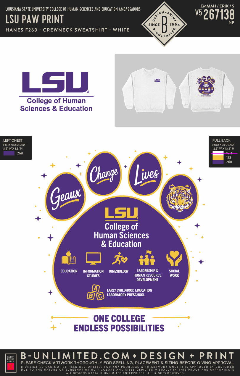 Louisiana State University College of Human Sciences and Education Ambassadors - LSU Paw Print - Hanes - F260 - Sweatshirt - White