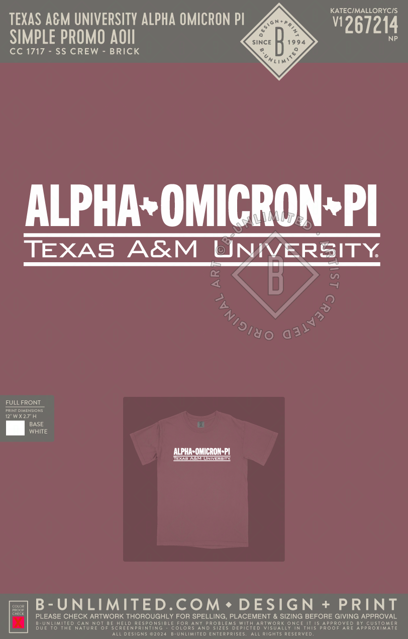 Texas A&M University Alpha Omicron Pi - Simple Promo AOII - CC - 1717 - SS Crew - Brick