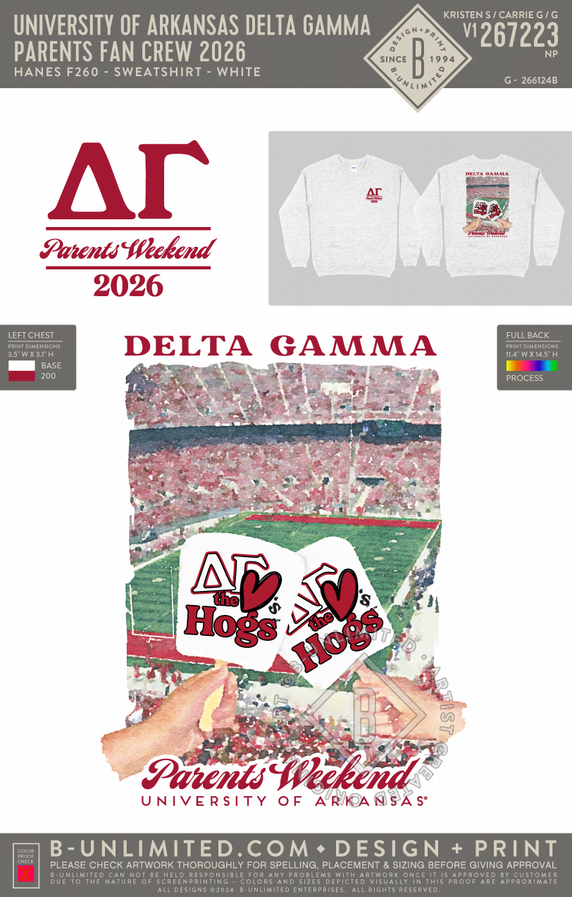 University of Arkansas Delta Gamma - Parents Fan Crew 2026 - Hanes - F260 - Sweatshirt - White