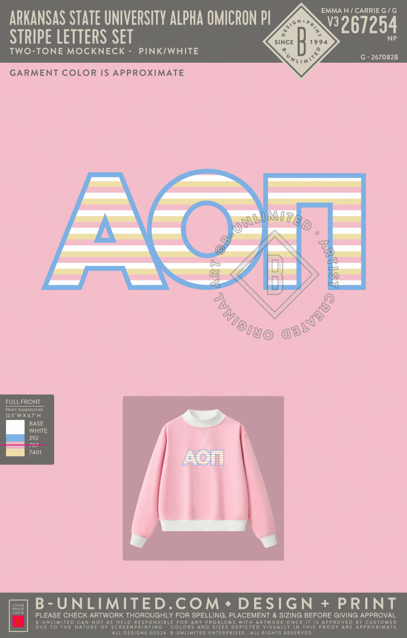Arkansas State University Alpha Omicron Pi - Stripe Letters Set - Tapstitch - WT0211-P001-V2 - Two Toned Mock Neck Sweatshirt - Pink/White