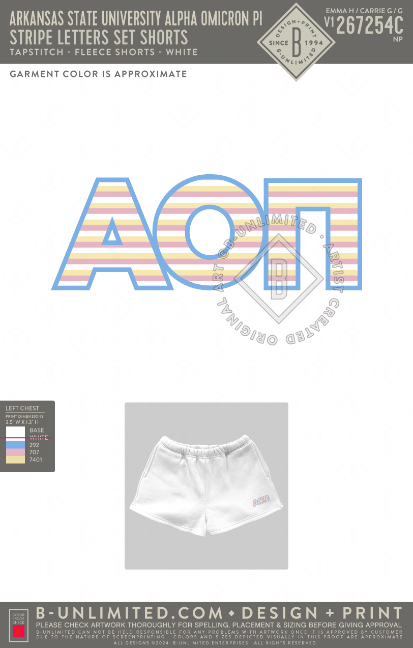 Arkansas State University Alpha Omicron Pi - Stripe Letters Set SHORTS - Tap Stitch - WK0004-P001-V2 - Shorts - White