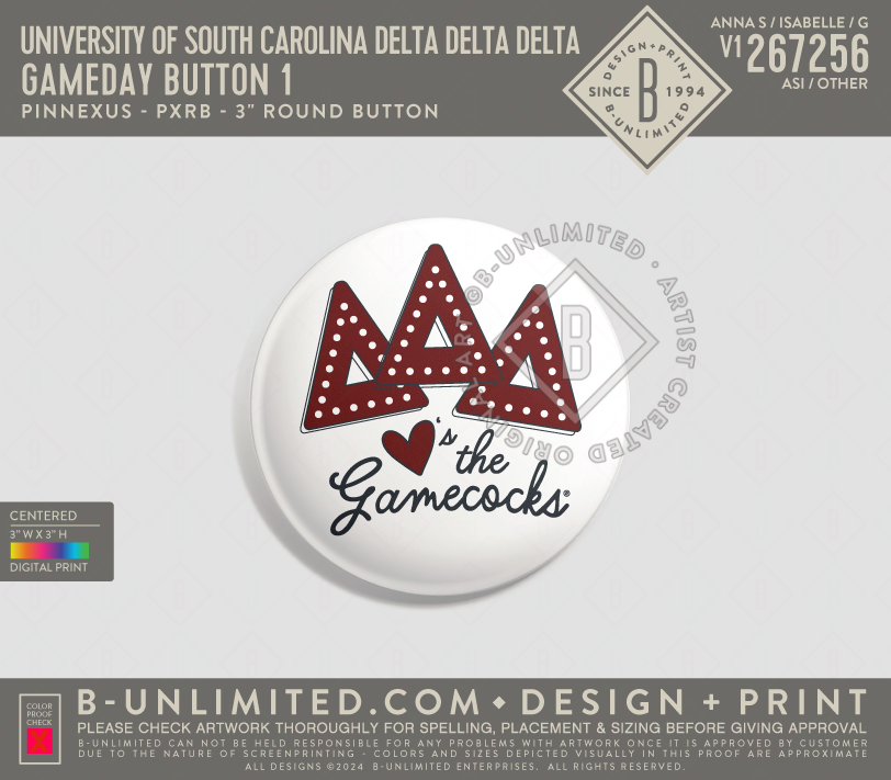 University of South Carolina Delta Delta Delta - Gameday Button 1 - PinNexus - PXRB - 3" Round Button - White