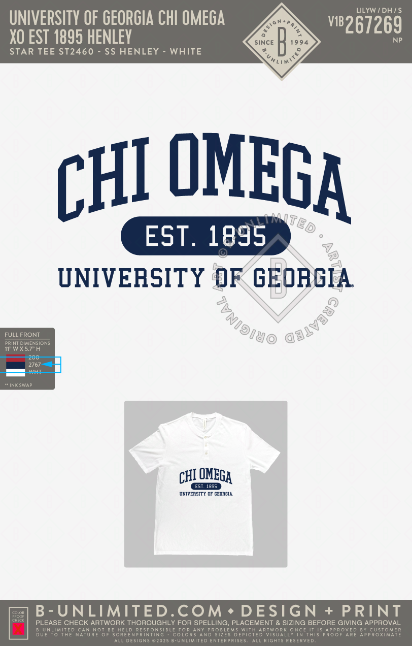 University of Georgia Chi Omega - XO Est 1895 Henley - Star Tee - ST2460 - SS Henley - White