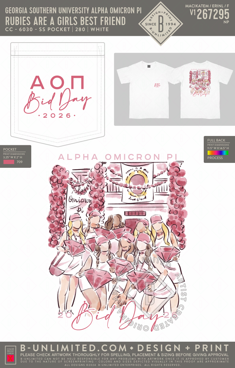 Georgia Southern University Alpha Omicron Pi - rubies are a girls best friend - CC - 6030 - SS Pocket - White