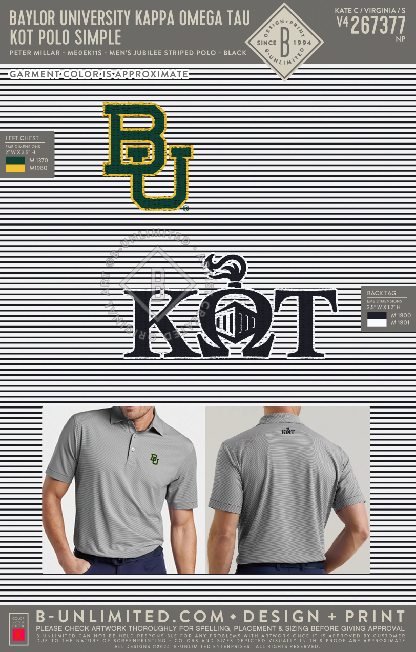 Baylor University Kappa Omega Tau - KOT Polo Simple - Peter Millar - ME0EK11S - Men's Jubilee Striped Polo - Black