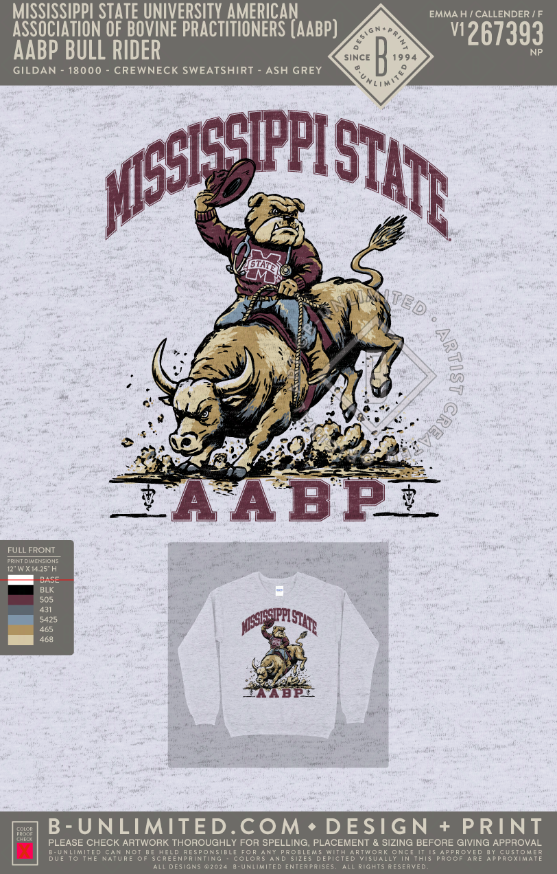 Mississippi State University American Association of Bovine Practitioners (AABP) - AABP Bull Rider - Gildan - 18000 - Crewneck Sweatshirt - Ash Grey