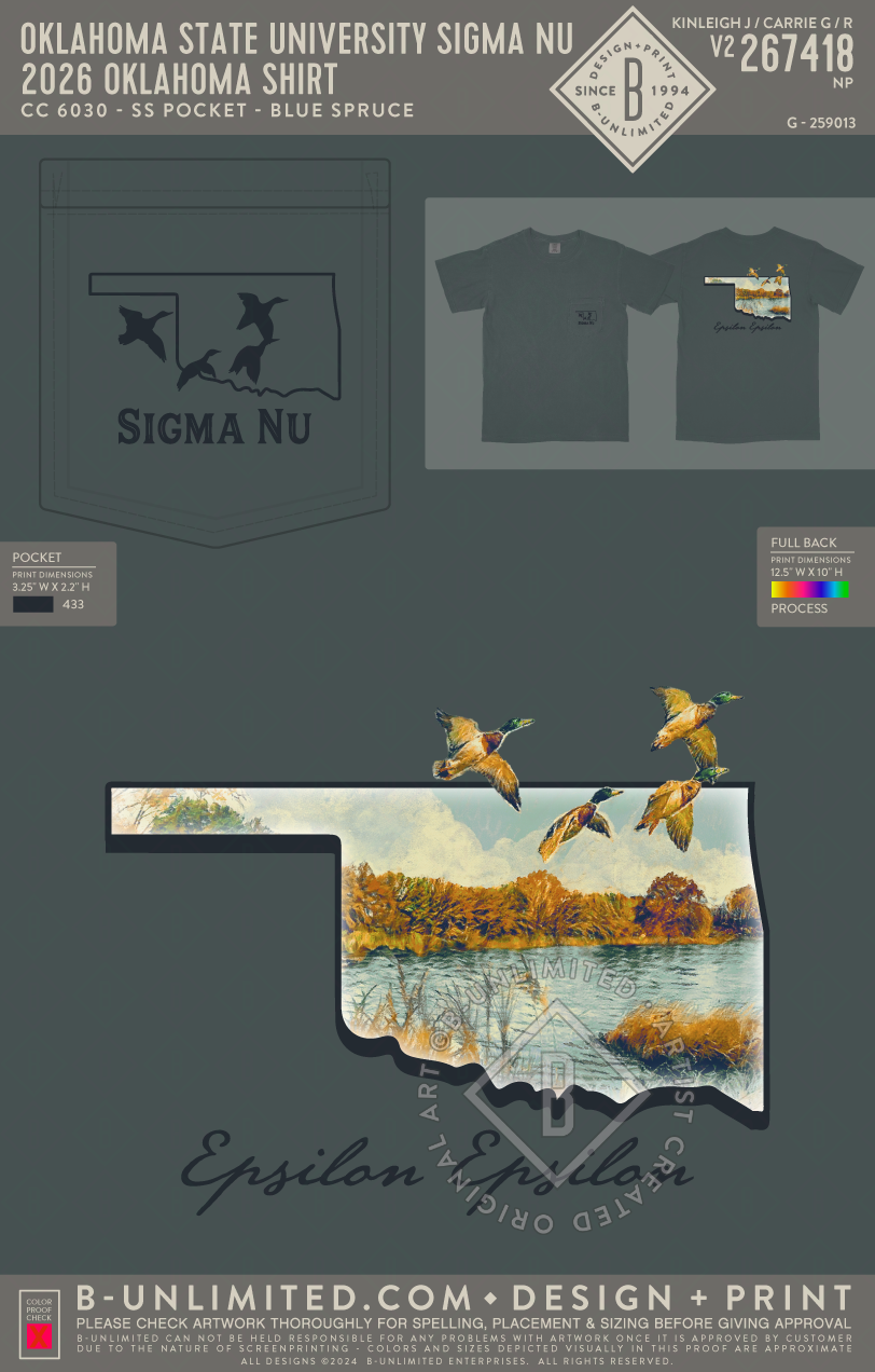 Oklahoma State University Sigma Nu - 2026 Oklahoma Shirt - CC - 6030 - SS Pocket - Blue Spruce