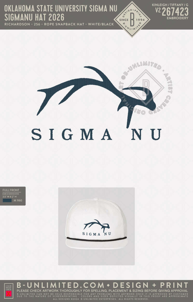 Oklahoma State University Sigma Nu - SigmaNu Hat 2026 - Richardson - 256 - Rope Snapback Hat - White/Black