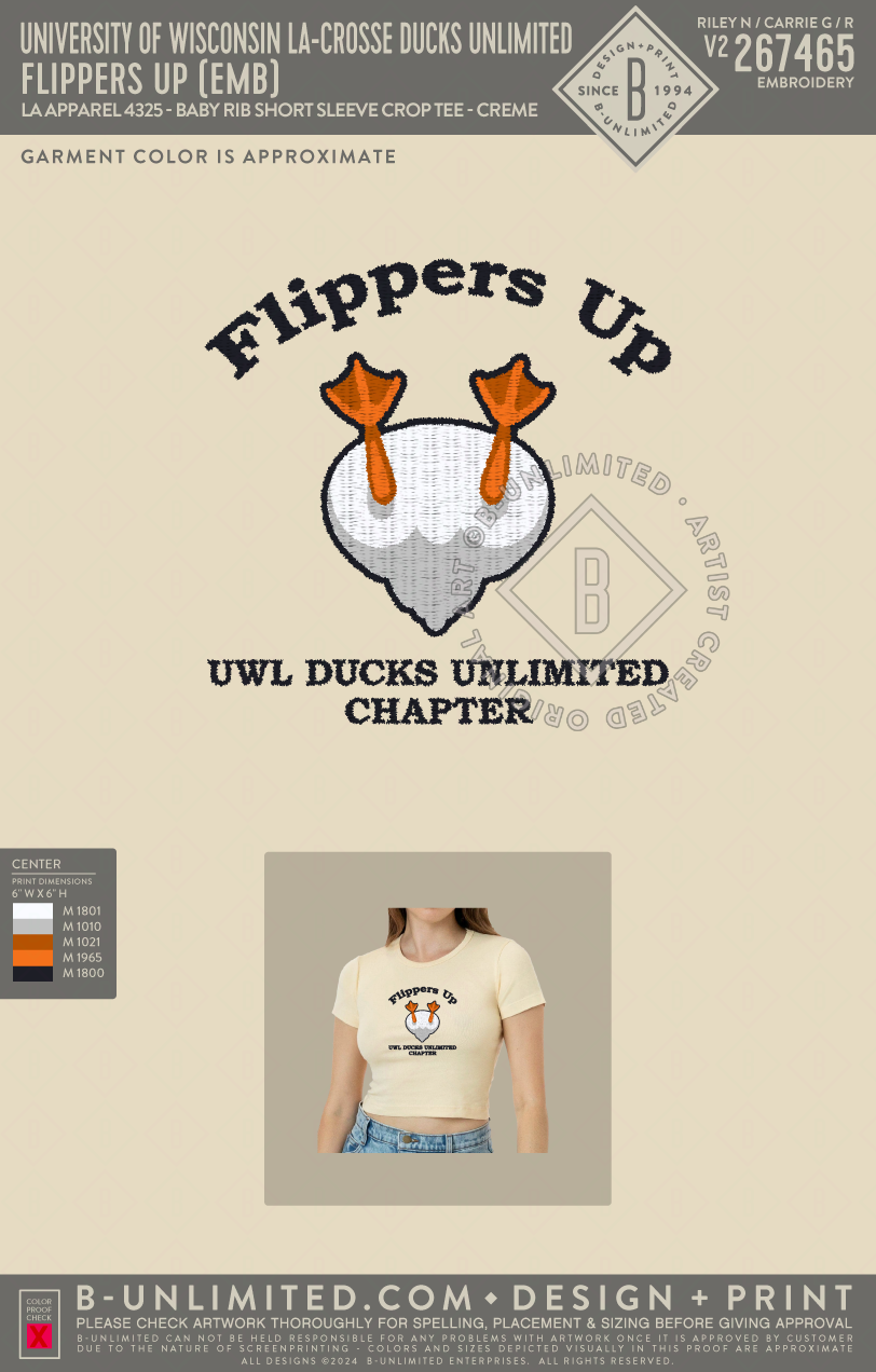University of Wisconsin La-Crosse Ducks Unlimited - Flippers Up (EMB) - LA Apparel - 4325 - Baby Rib Short Sleeve Crop Tee - Creme