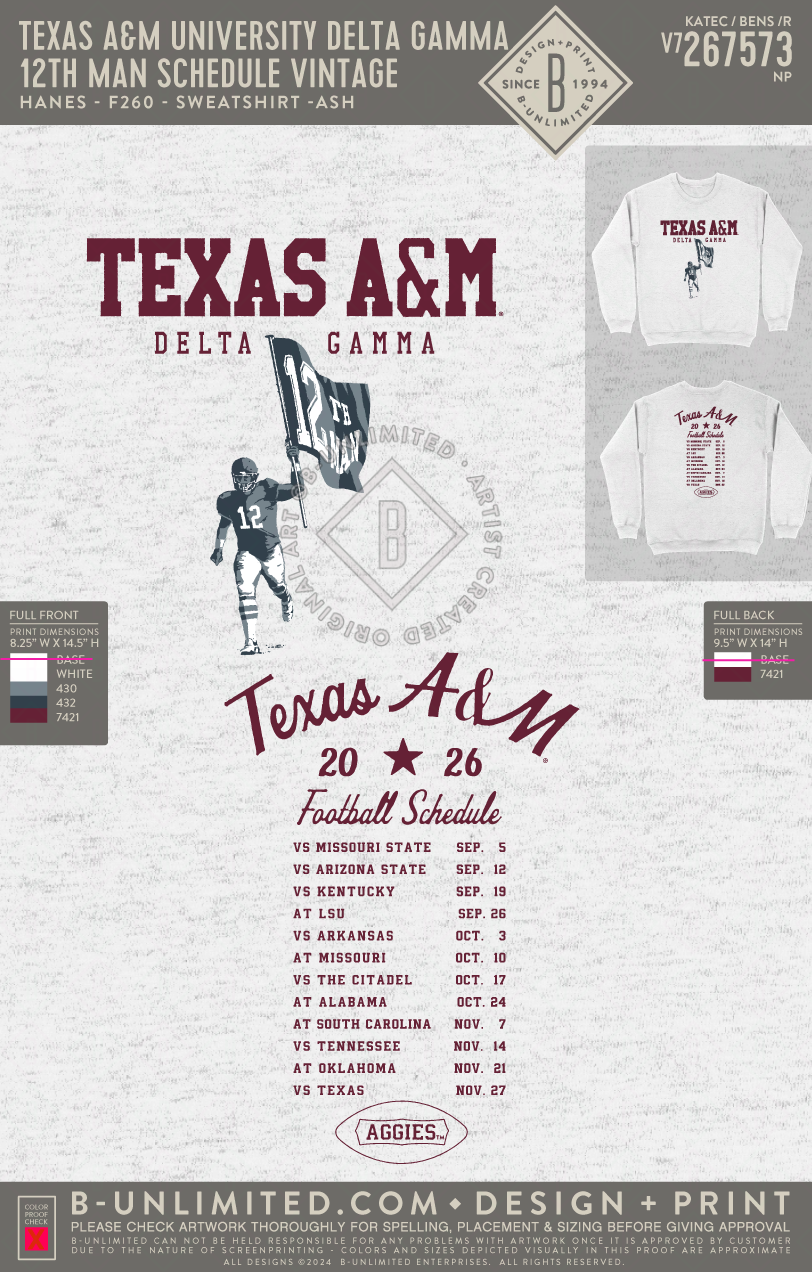 Texas A&M University Delta Gamma - 12th Man Schedule Vintage - Hanes - F260 - Sweatshirt - Ash