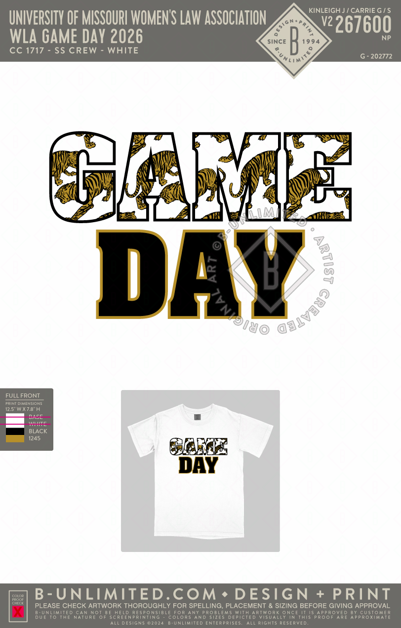 University of Missouri Women's Law Association - WLA Game Day 2026 - CC - 1717 - SS Crew - White