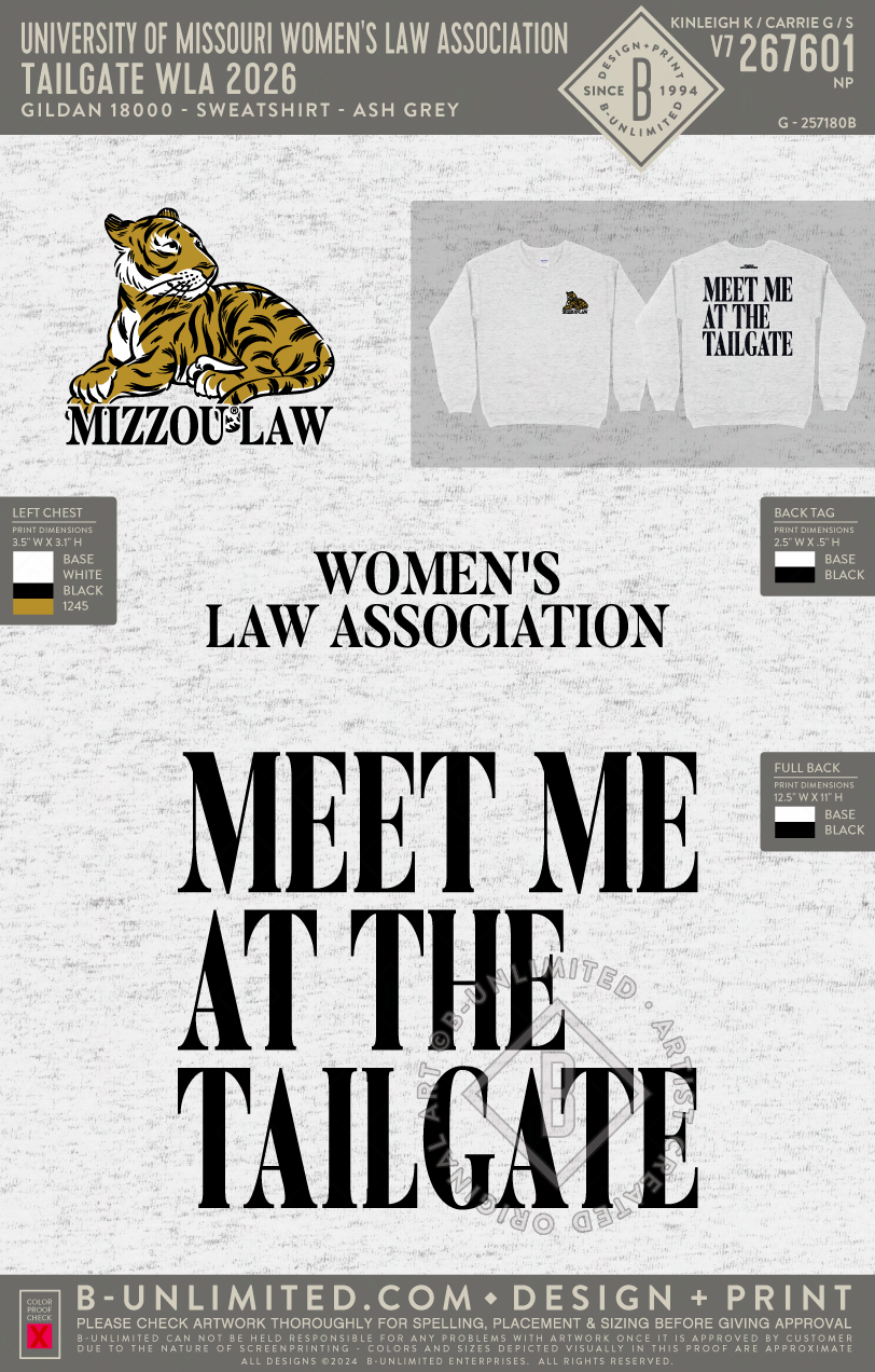 University of Missouri Women's Law Association - Tailgate WLA 2026 - Gildan - 18000 - Crewneck Sweatshirt - Ash Grey