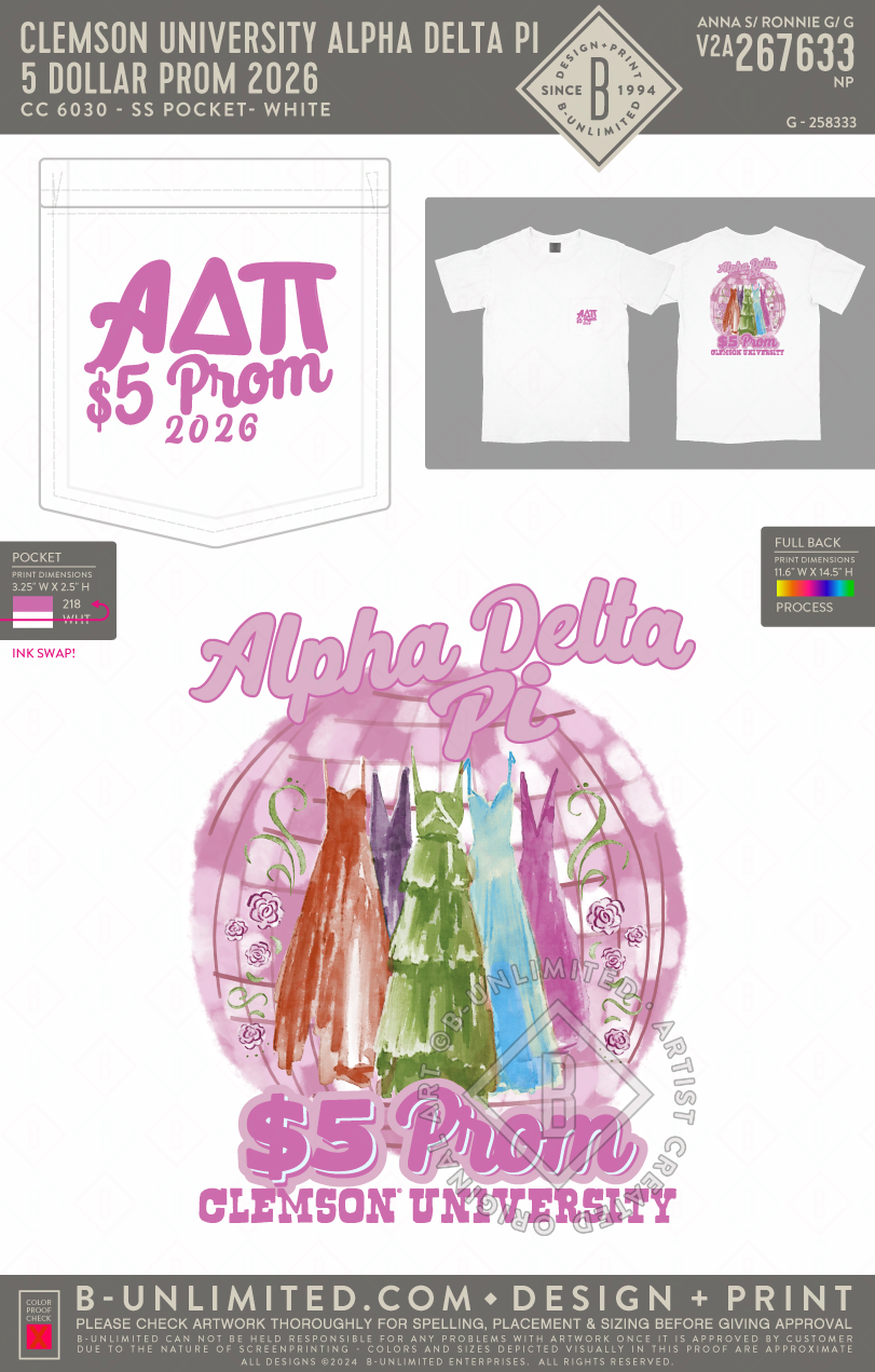 Clemson University Alpha Delta Pi - 5 Dollar Prom 2026 - CC - 6030 - SS Pocket - White