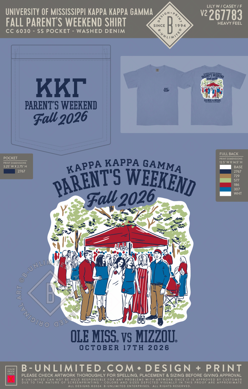 University of Mississippi Kappa Kappa Gamma - Fall Parent's Weekend Shirt - CC - 6030 - SS Pocket - Washed Denim
