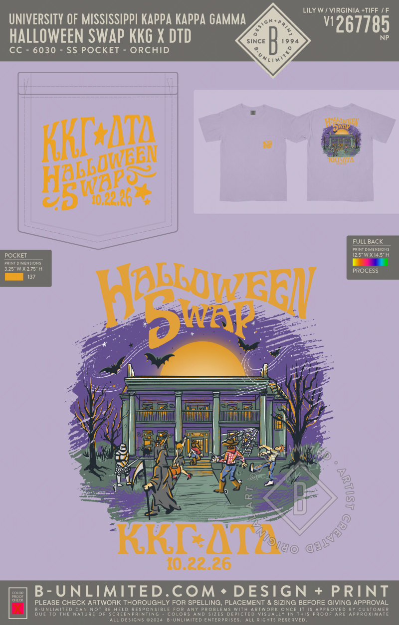 University of Mississippi Kappa Kappa Gamma - Halloween Swap KKG x DTD - CC - 6030 - SS Pocket - Orchid
