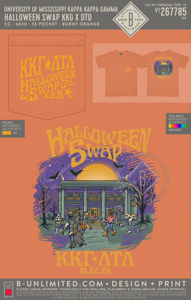 University of Mississippi Kappa Kappa Gamma - Halloween Swap KKG x DTD - CC - 6030 - SS Pocket - Burnt Orange