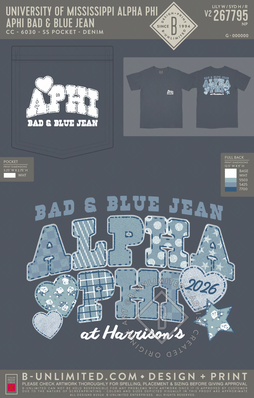University of Mississippi Alpha Phi - APHI Bad & Blue Jean - CC - 6030 - SS Pocket - Denim