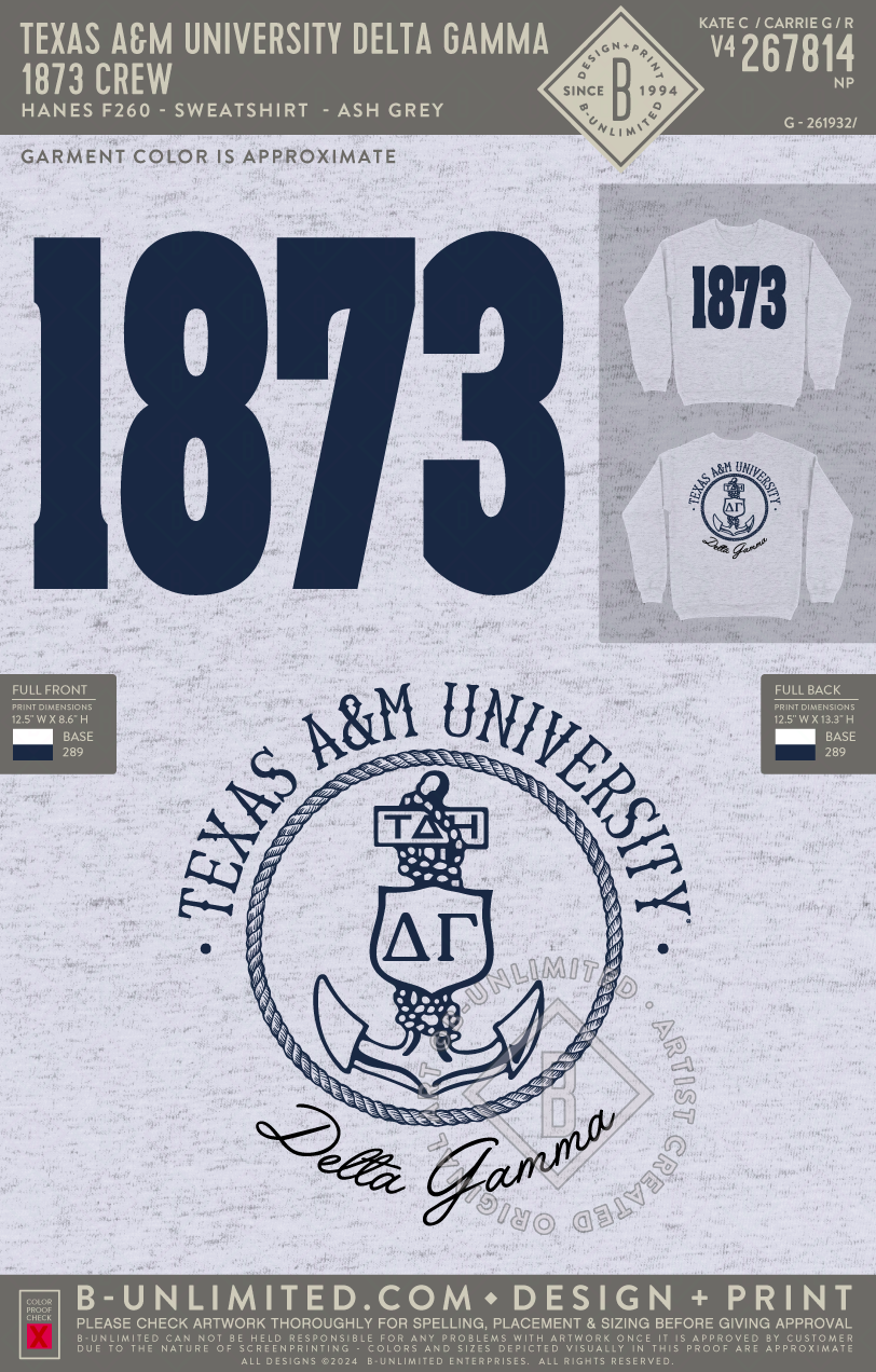 Texas A&M University Delta Gamma - 1873 Crew - Hanes - F260 - Sweatshirt - Ash