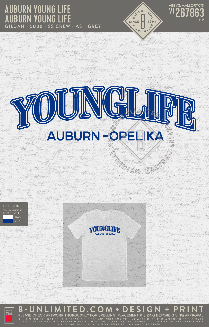 Auburn Young Life - Auburn Young Life - Gildan - 5000 - SS Crew - Ash Grey