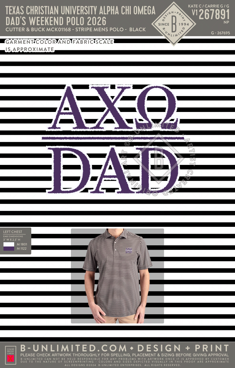 Texas Christian University Alpha Chi Omega - Dad's Weekend Polo 2026 - Cutter & Buck - MCK01168 - Virtue Eco Pique Stripe Recycled Mens Polo - Black