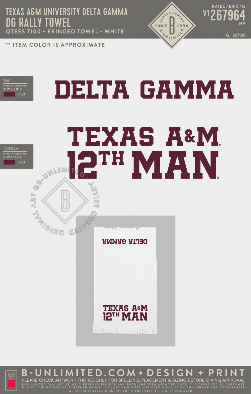 Texas A&M University Delta Gamma - DG Rally Towel - QTees - T100 - Fringed Towel - White