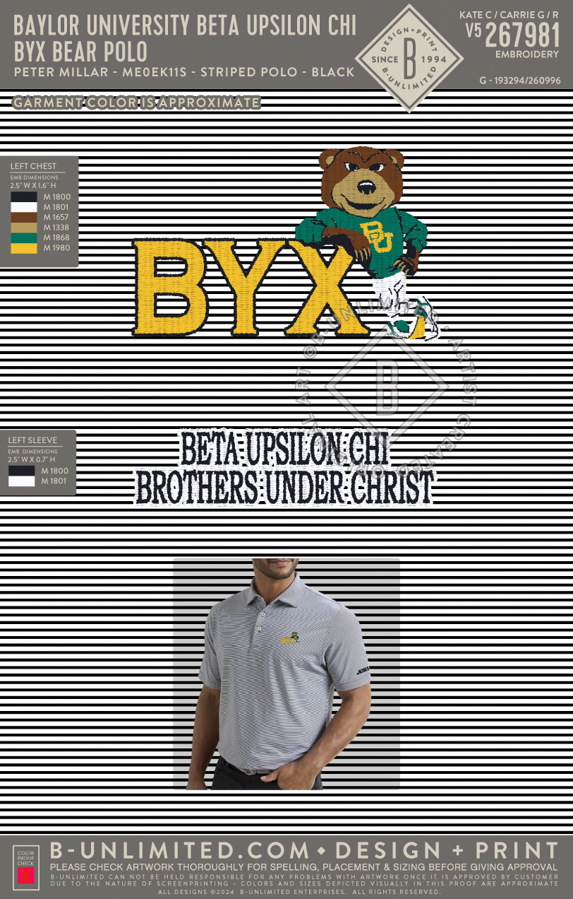 Baylor University Beta Upsilon Chi - BYX Bear Polo - Peter Millar - ME0EK11S - Men's Jubilee Striped Polo - Black