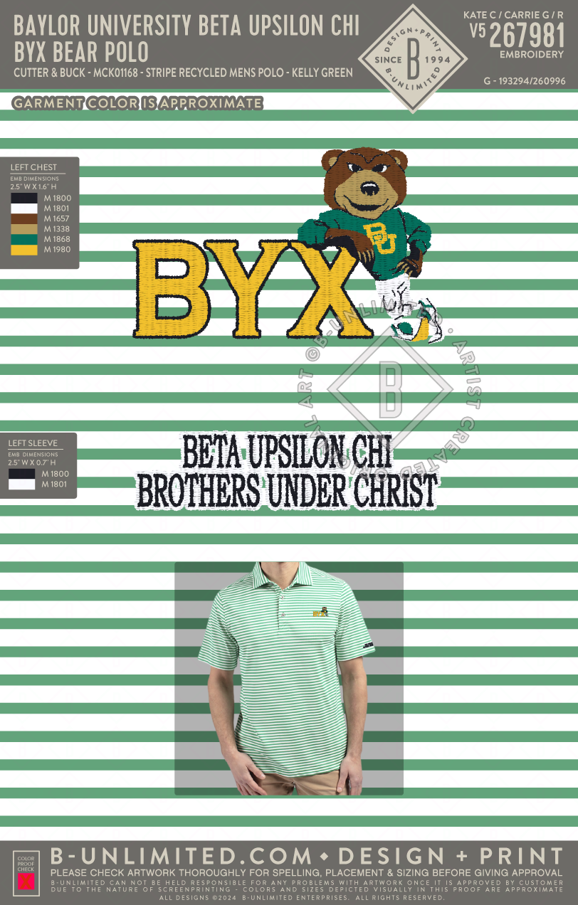 Baylor University Beta Upsilon Chi - BYX Bear Polo - Cutter & Buck - MCK01168 - Virtue Eco Pique Stripe Recycled Mens Polo - Kelly Green