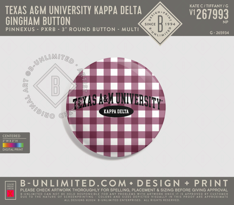 Texas A&M University Kappa Delta - Gingham Button - PinNexus - PXRB - 3" Round Button - Multi