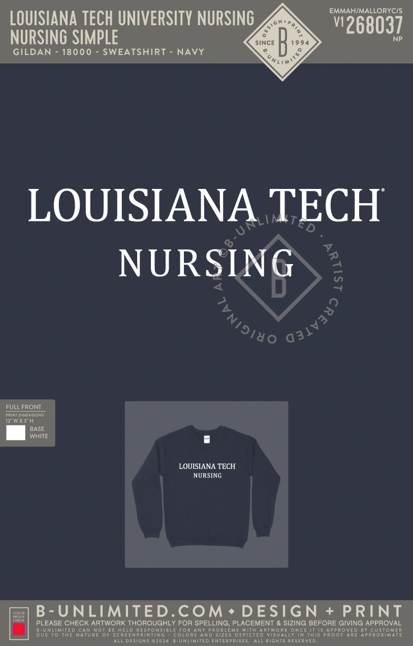 Louisiana Tech University Nursing - Nursing Simple - Gildan - 18000 - Crewneck Sweatshirt - Navy