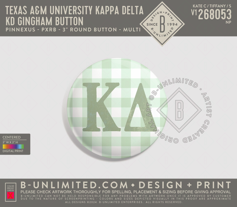 Texas A&M University Kappa Delta - KD Gingham Button - PinNexus - PXRB - 3" Round Button - Multi