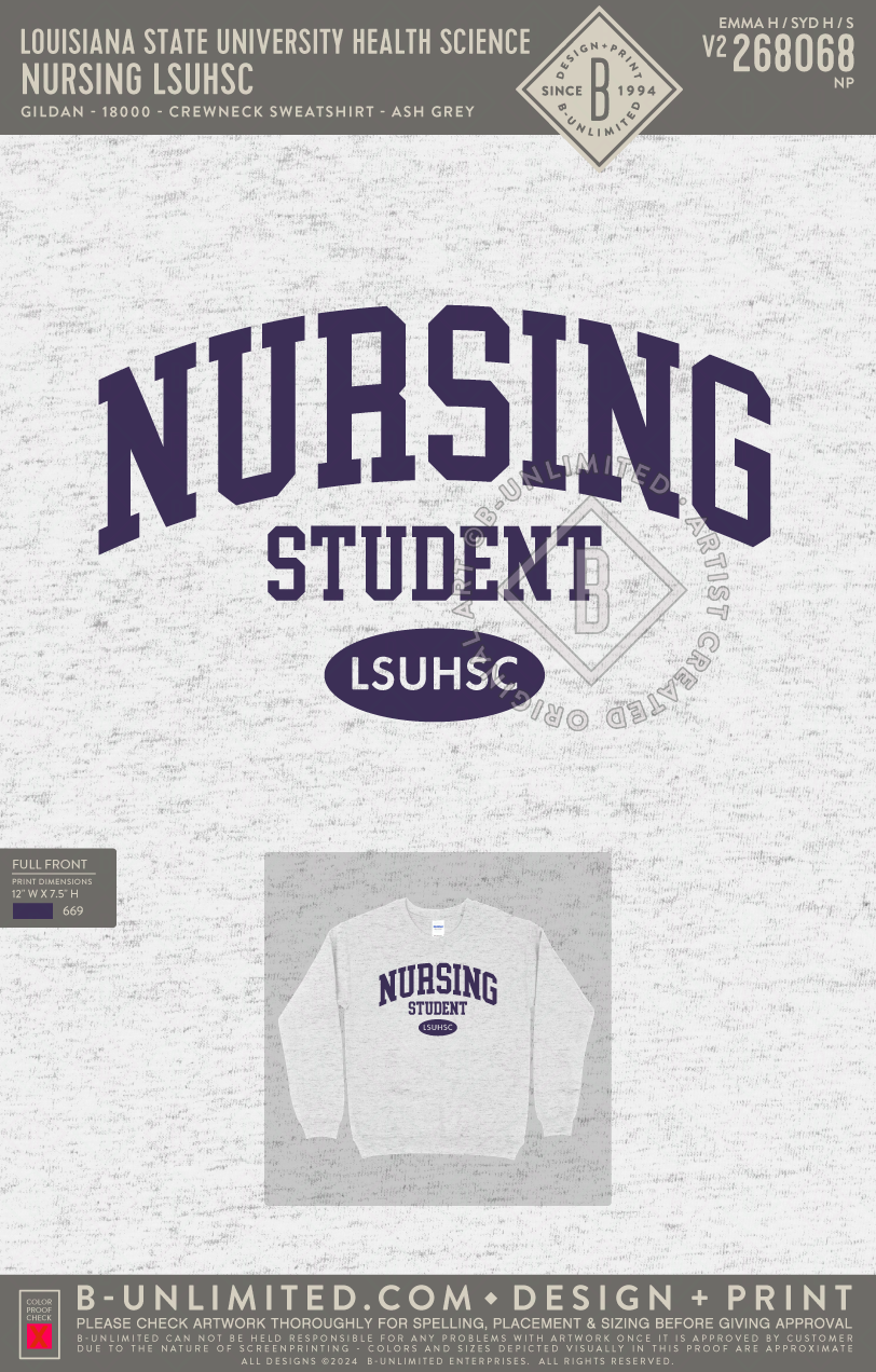 Louisiana State University Health Science - Nursing LSUHSC - Gildan - 18000 - Crewneck Sweatshirt - Ash Grey