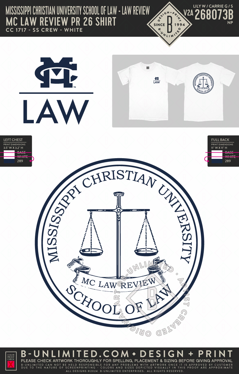 Mississippi Christian University School of Law - Law Review - MC Law Review PR 26 Shirt - CC - 1717 - SS Crew - White