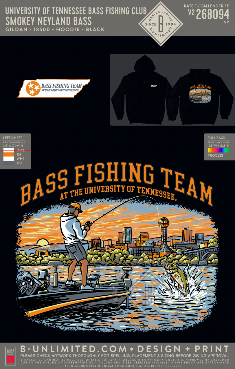 University of Tennessee Bass Fishing Club - Smokey Neyland Bass - Gildan - 18500 - Hoodie - Black