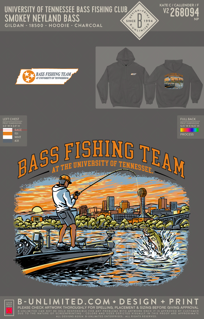 University of Tennessee Bass Fishing Club - Smokey Neyland Bass - Gildan - 18500 - Hoodie - Charcoal