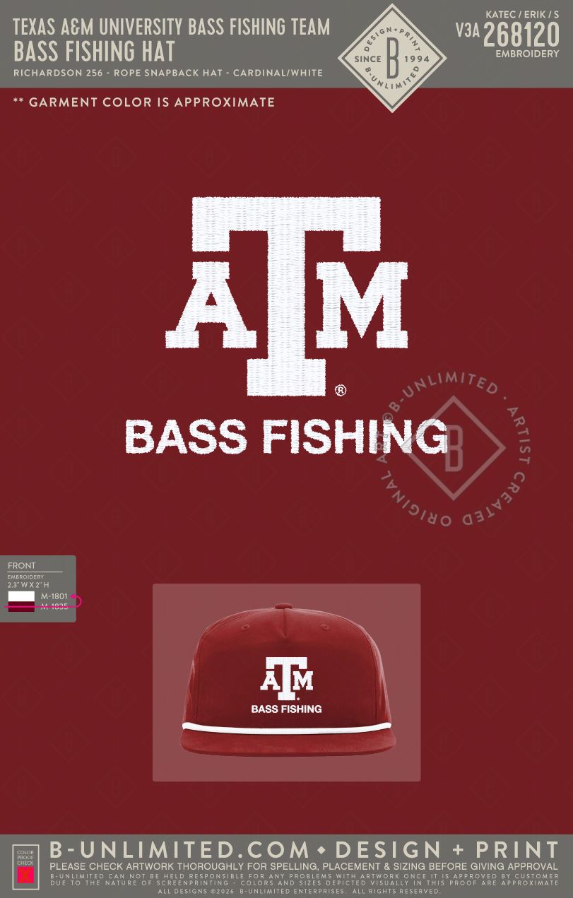 Texas A&M University Bass Fishing Team - Bass Fishing Hat - Richardson - 256 - Rope Snapback Hat - Cardinal/White