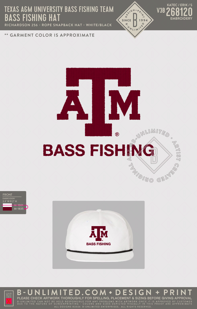 Texas A&M University Bass Fishing Team - Bass Fishing Hat - Richardson - 256 - Rope Snapback Hat - White/Black
