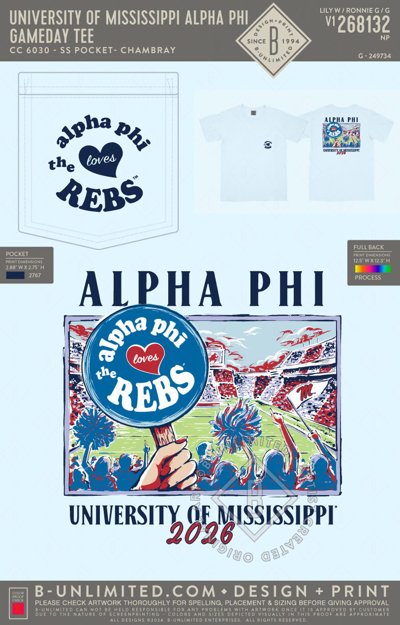 University of Mississippi Alpha Phi - Gameday Tee - CC - 6030 - SS Pocket - Chambray