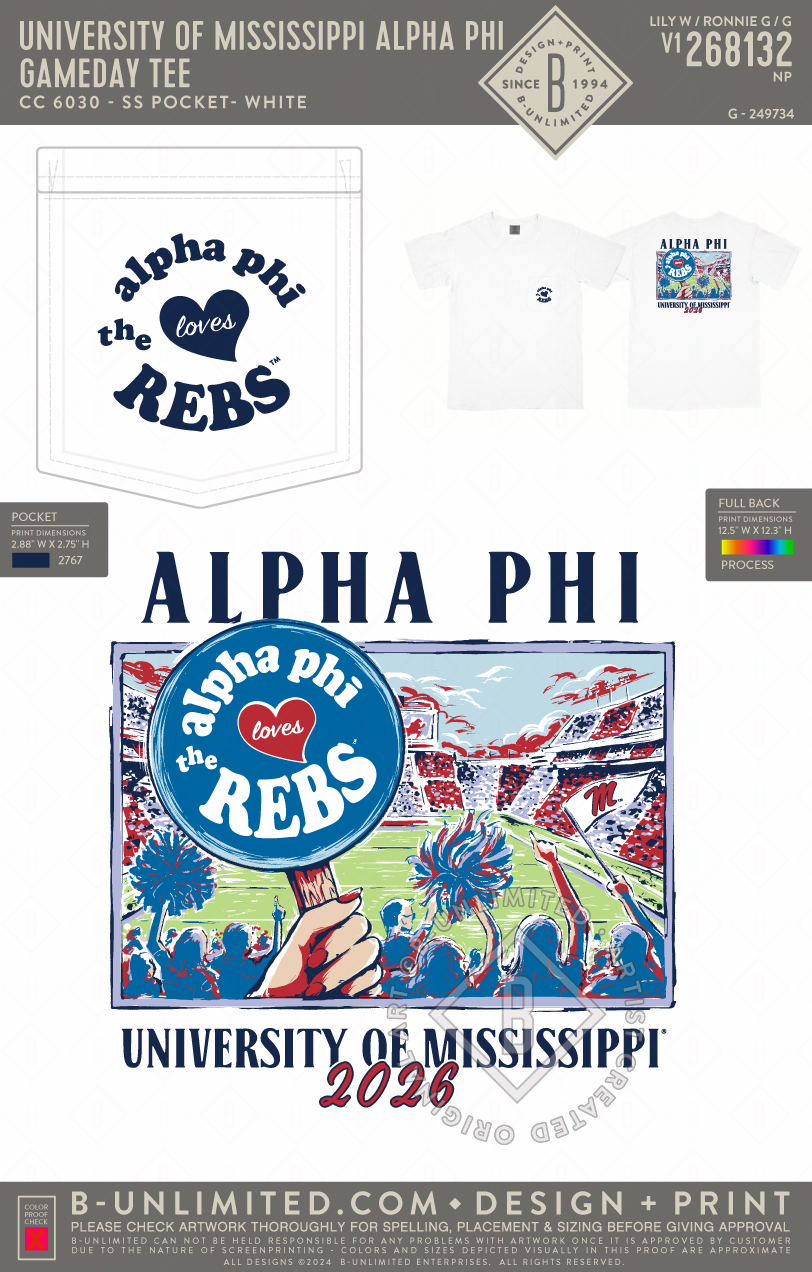 University of Mississippi Alpha Phi - Gameday Tee - CC - 6030 - SS Pocket - White