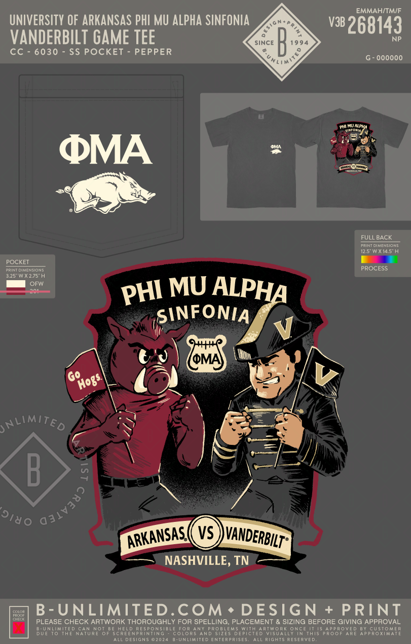 University of Arkansas Phi Mu Alpha Sinfonia - Vanderbilt Game Tee - CC - 6030 - SS Pocket - Pepper