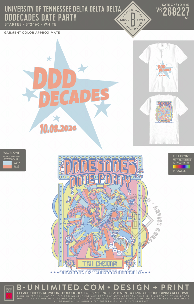University of Tennessee Delta Delta Delta - DDDecades Date Party - Star Tee - ST2460 - SS Henley - White