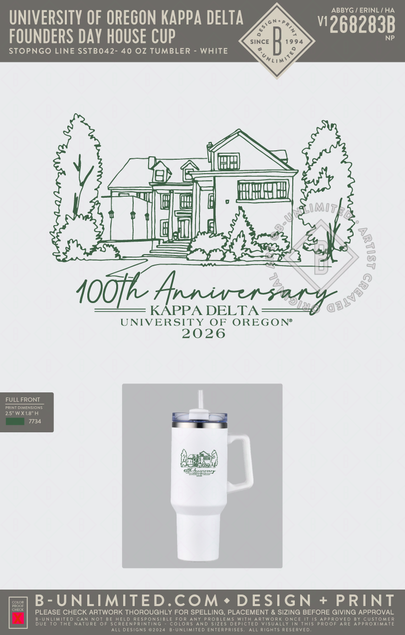 University of Oregon Kappa Delta - Founders Day House Cup - STOPNGO Line - SSTB042 - 40 oz Tumbler - White