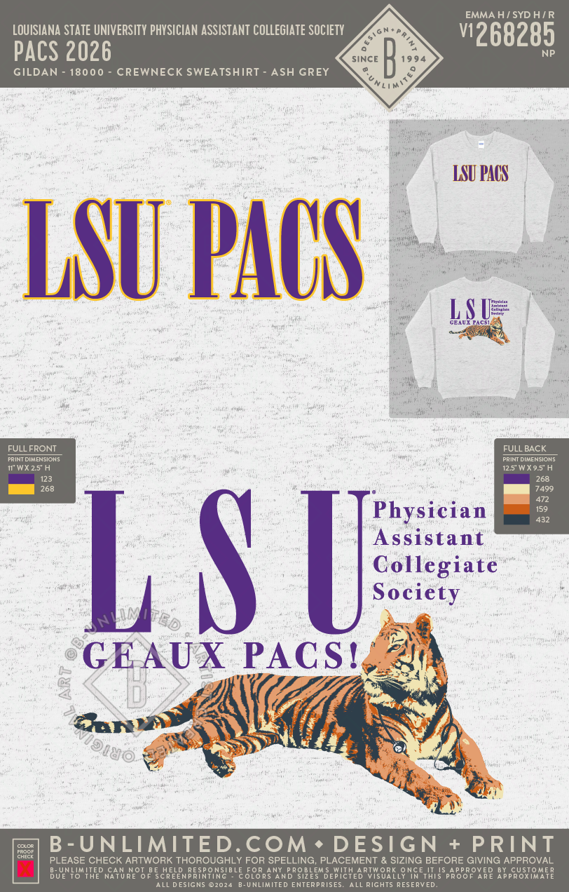 Louisiana State University Physician Assistant Collegiate Society - PACS 2026 - Gildan - 18000 - Crewneck Sweatshirt - Ash Grey
