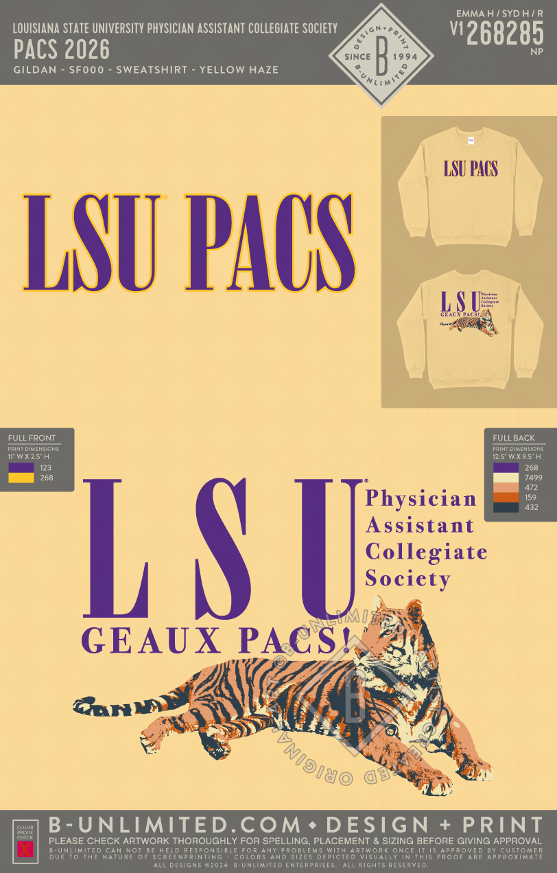 Louisiana State University Physician Assistant Collegiate Society - PACS 2026 - Gildan - SF000 - Softstyle Crewneck - Yellow Haze