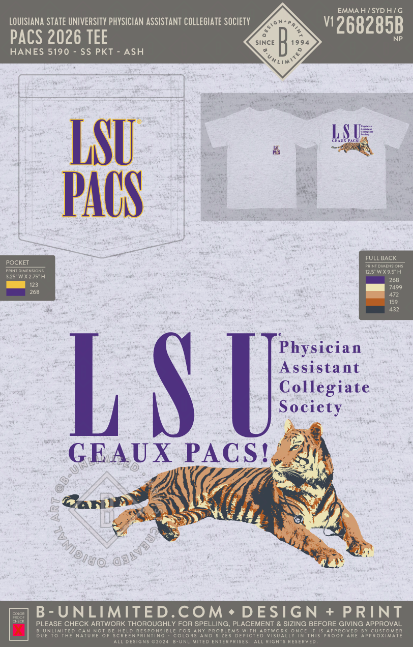 Louisiana State University Physician Assistant Collegiate Society - PACS 2026 TEE - Hanes - 5190 - SS Beefy Pocket - Ash