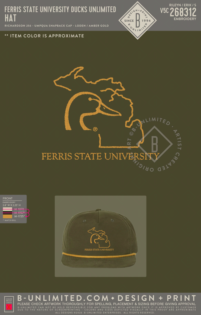 Ferris State University Ducks Unlimited - Hat - Richardson - 256 - Rope Snapback Hat - Loden/Gold